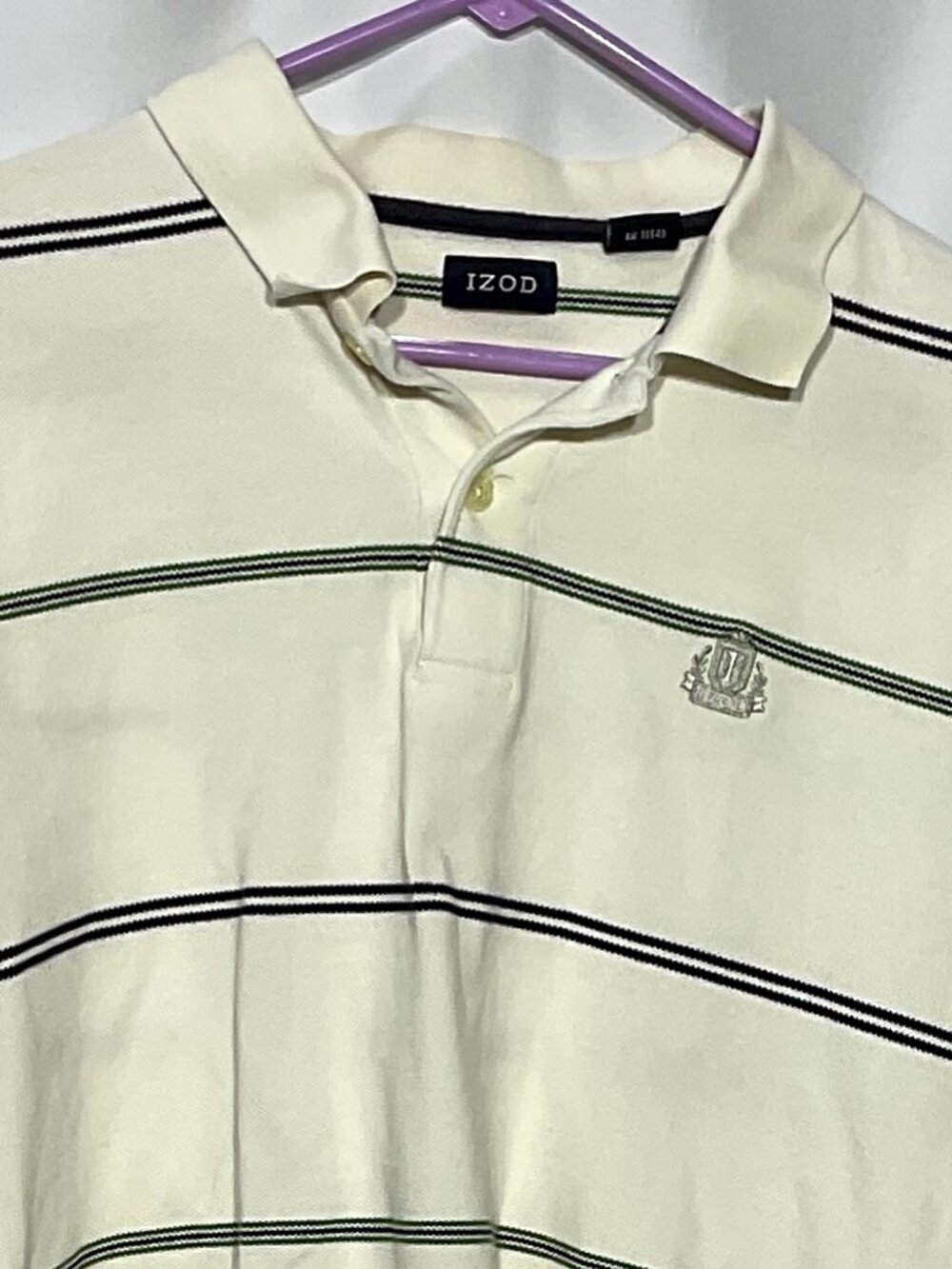 IZOD Polo Shirt Sz L Mens Long Sleeved Crem with Black and Green